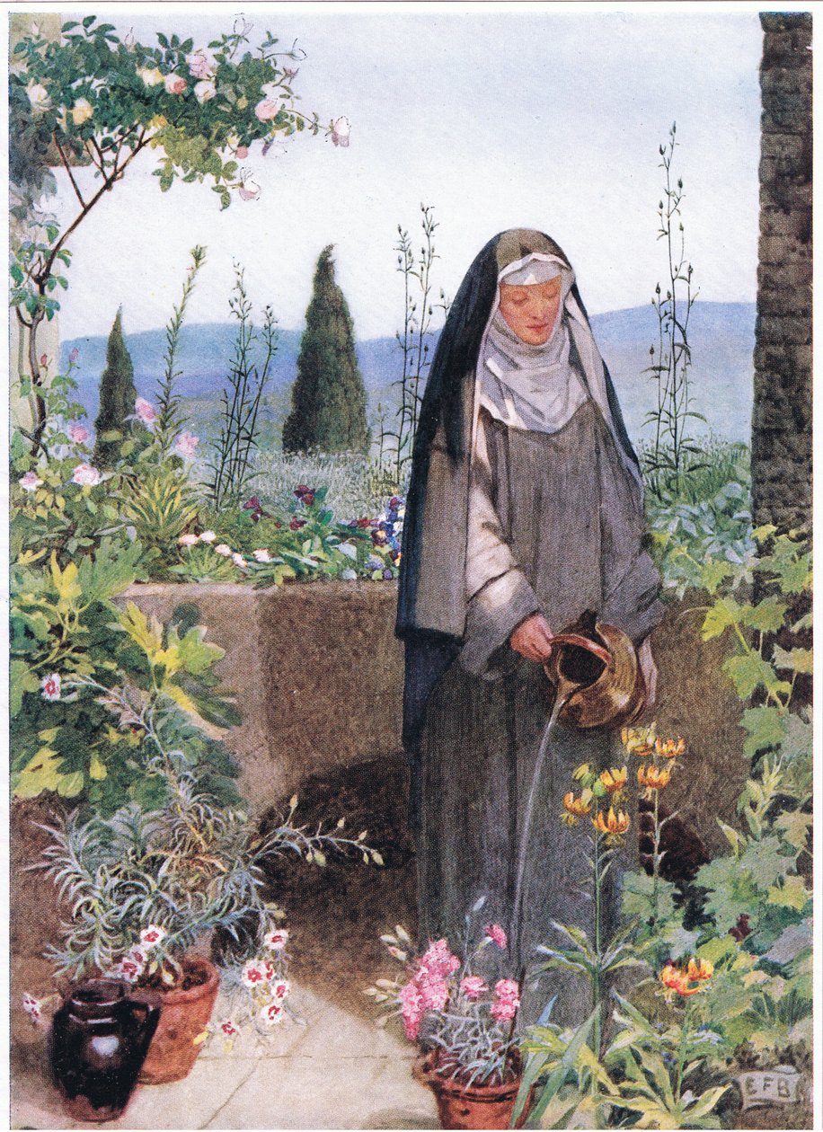 Pyhä Clare perustamansa luostarin puutarhassa (litho) tekijältä Eleanor Fortescue Brickdale