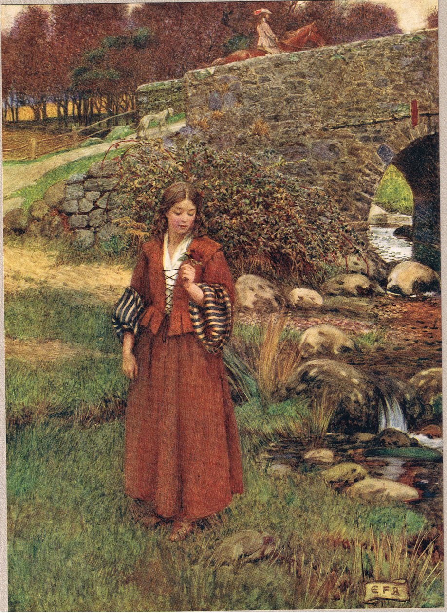 Islingtonin ulosottomiehen tytär, kuvitus teoksesta "The Book of Old English Songs and Ballads", julkaisija Stodder ja Houghton, c. 1910 (väri litho) tekijältä Eleanor Fortescue Brickdale