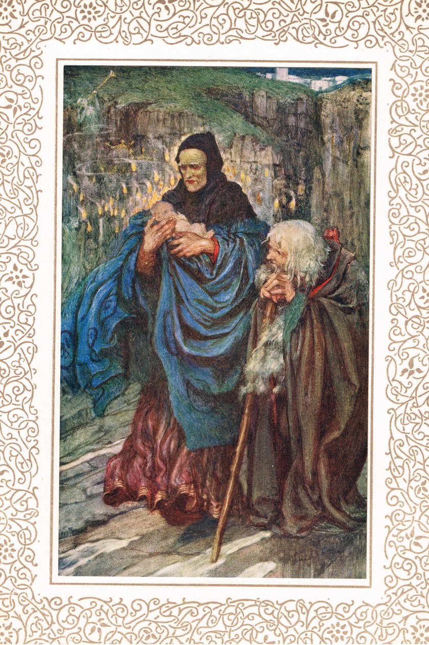 The Infant Arthur löytyy..., kuvitus Alfred Tennysonin (1809-92) teoksesta "Idylls of the King", julkaisija Hodder & Stoughton tekijältä Eleanor Fortescue Brickdale