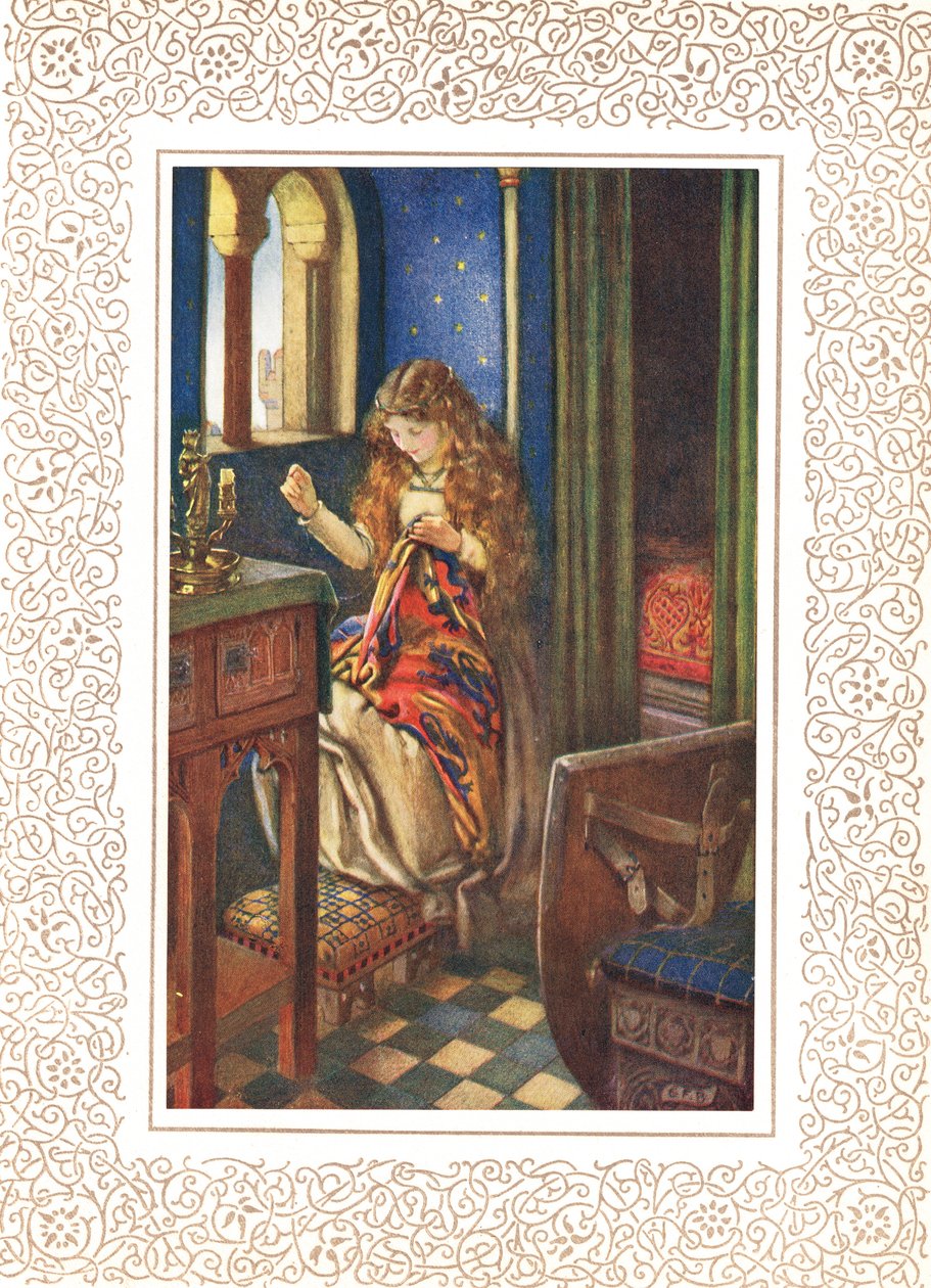 The Lily Maid of Astolat, joka tunnetaan myös nimellä Lady of Shalott, kuvitus Alfred Tennysonin (1809-92) teoksesta "Idylls of the King", julkaisija Hodder & Stoughton tekijältä Eleanor Fortescue Brickdale