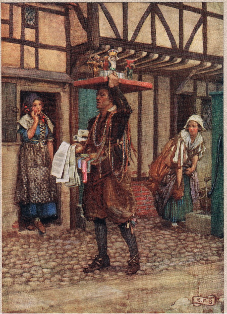 Pedlar, kuvitus Stodderin ja Houghtonin julkaisijasta "The Book of Old English Songs and Ballads", n. 1910 (värilitho) tekijältä Eleanor Fortescue Brickdale