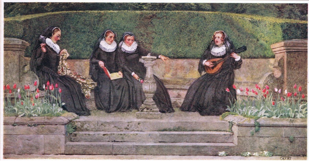 The Queens Marie: "Yestreenillä, kuningattarella oli neljä mariaa". (litografia) tekijältä Eleanor Fortescue Brickdale
