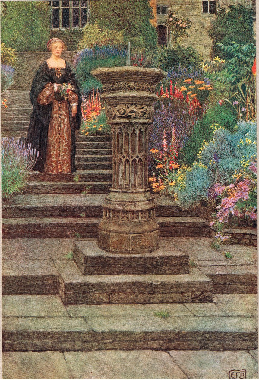 Nainen puutarhassa, kuvitus Stodderin ja Houghtonin julkaisemasta The Book of Old English Songs and Ballads -kirjasta, n. 1910 (värilitho) tekijältä Eleanor Fortescue Brickdale