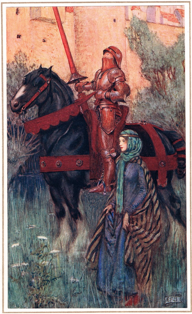 Yniolin ruostuneet käsivarret olivat hänen ruhtinaallisen persoonansa päällä..., kuvitus Alfred Tennysonin (1809-92) teoksesta "Idylls of the King", julkaisija Hodder & Stoughton tekijältä Eleanor Fortescue Brickdale