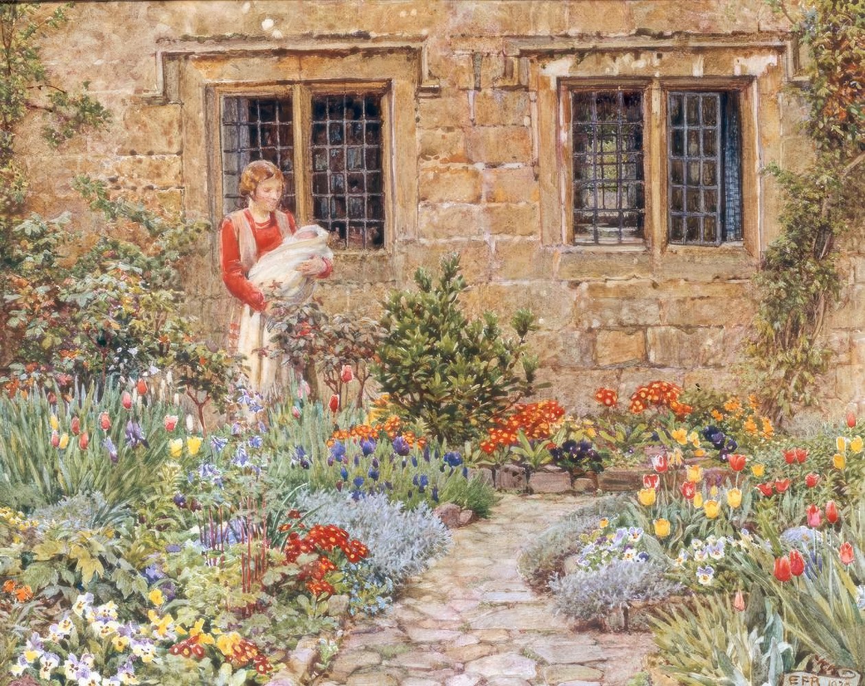 Äiti ja lapsi kukkapuutarhassa tekijältä Eleanor Fortescue Brickdale