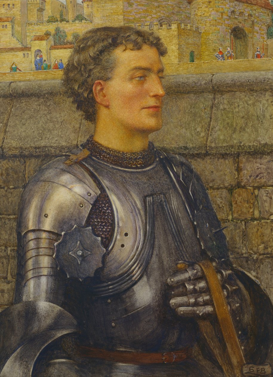 "Sir Lancelot meni suurlähettilääksi ensin hakemaan häntä, ja hän otti hänet kuninkaaksi" (kynä, akvarelli ja vartaloväri paperille) tekijältä Eleanor Fortescue Brickdale