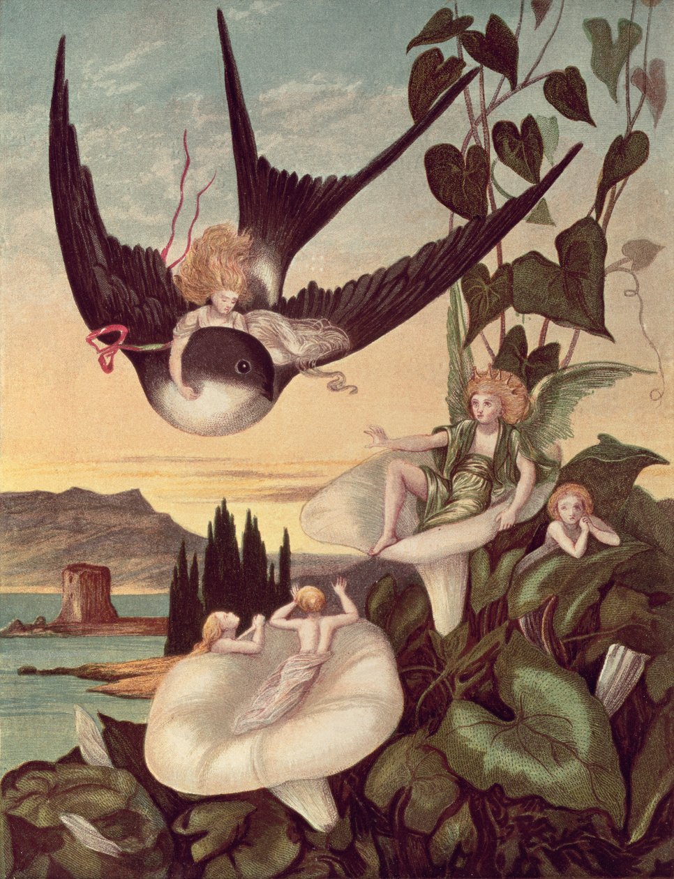 Kuvitus "Thumbkinettaan", Hans Christian Andersen (1805-75) n. 1872 tekijältä Eleanor Vere Boyle