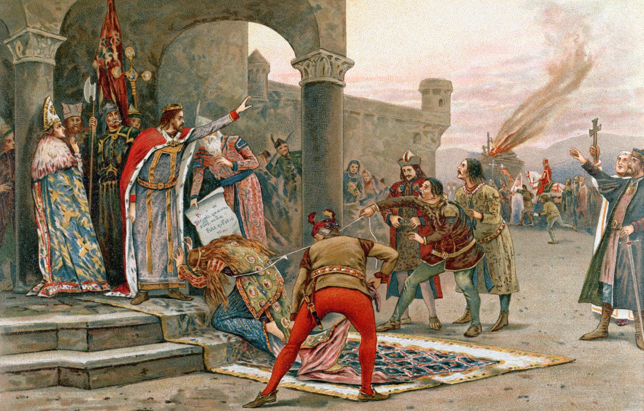 Kalman I (1068-1116), Unkarin kuningas, joka kielsi noitien polttamisen (chromolitho) tekijältä Elek Benedek