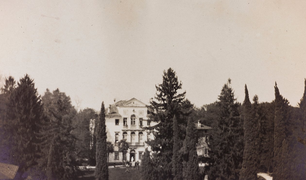 Albumi ensimmäisestä maailmansodasta Friuli-Venezia Giuliassa: näkymä Villa Brazzàsta, jossa sijaitsee Soleschiano Manzanon sotasairaalan 17, kuva otettu kirkon tornista, 01-04/1916 (b/w kuva) tekijältä Elena Bianconcini