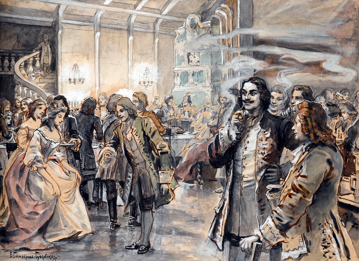 Easter Celebrations at the Court of Peter the Great (Pierre le grand) - Peinture de Elena Petrovna Samokish Sudkovskaya (Samokish-Sudkovskaya)(1863-1924) - Watercolour, Gouache on cardboard, 25,38x35 - Private Collection   1397705   fi       finnish Succes tekijältä Elena Petrovna Samokish Sudkovskaya