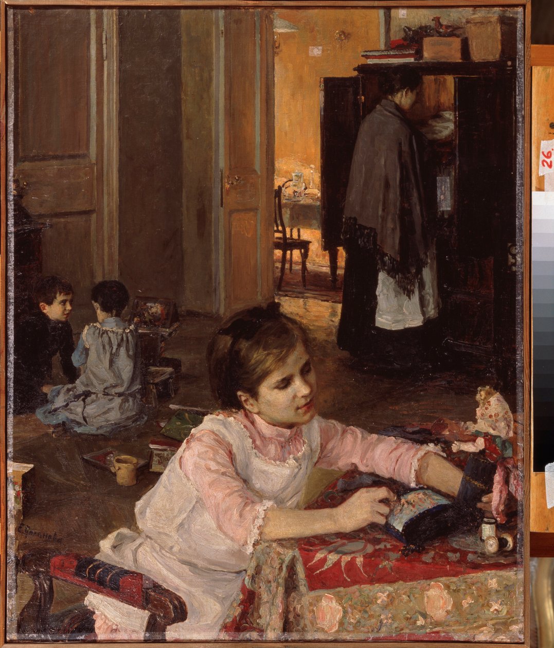 Lastenhuone (Lapset leikkivät leluillaan, kun piika järjestää pyykkiä kaapissa) - Lastenhuone - Elena Dmitryevna Polenovan (1850-1898) maalaus, öljy kankaalle tekijältä Elena Polenova