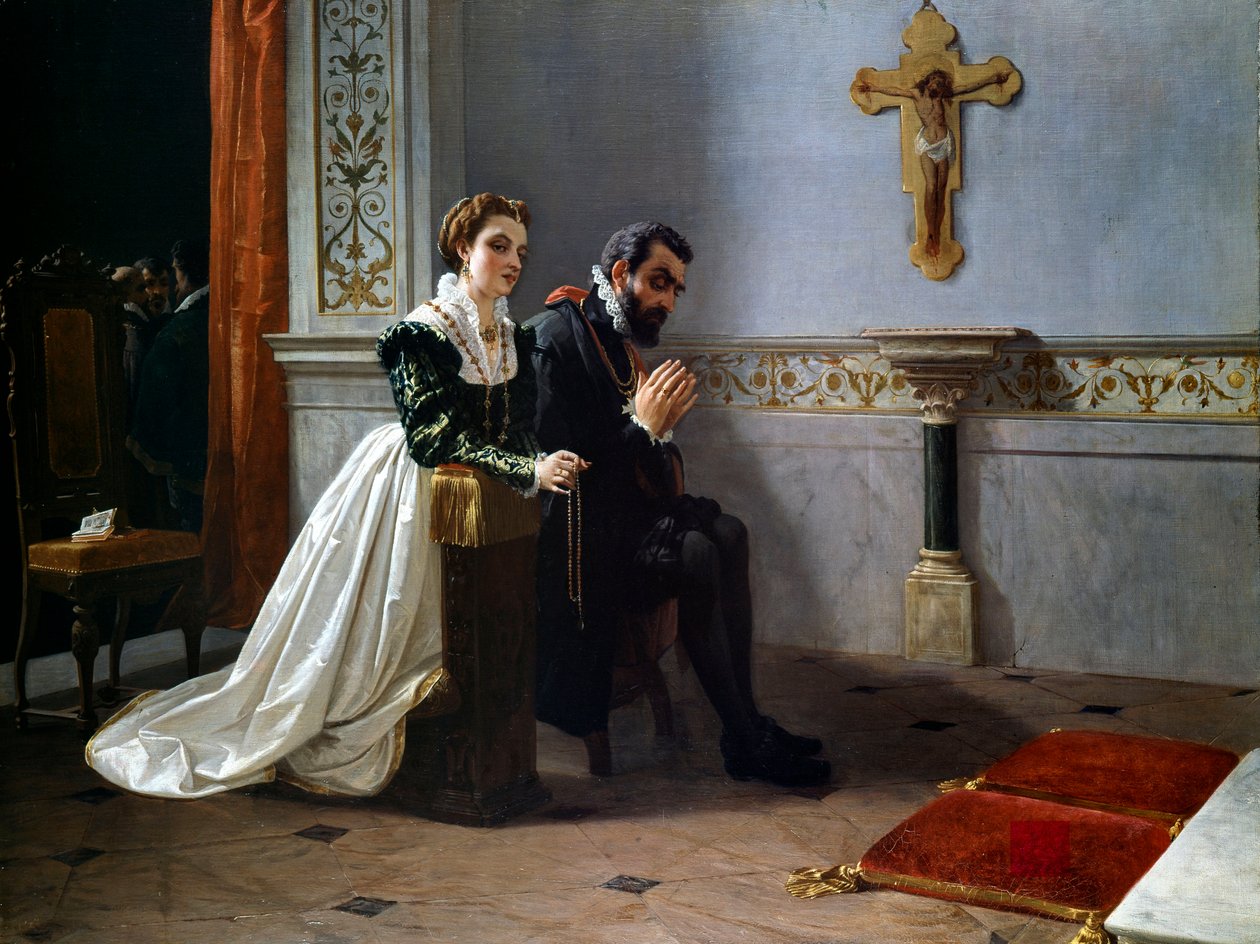 Bianca Cappello ja Francois I de Medici (1541-1587) (Francesco Primo I de Medici) rukoilevat krusifiksin edessä (öljy kankaalle) tekijältä Eleuterio Pagliano
