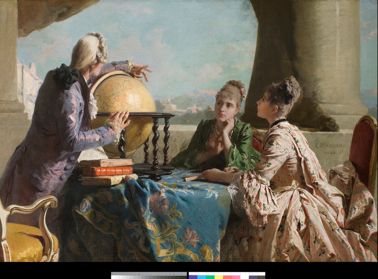Maantiedon lekon Kaksi nuorta korkean yhteiskunnan naista ja heidän opettajansa näyttämässä heille maapalloa Eleuterio Paglianon (1826-1903) maalaus 1880 Yksityinen kokoelma tekijältä Eleuterio Pagliano