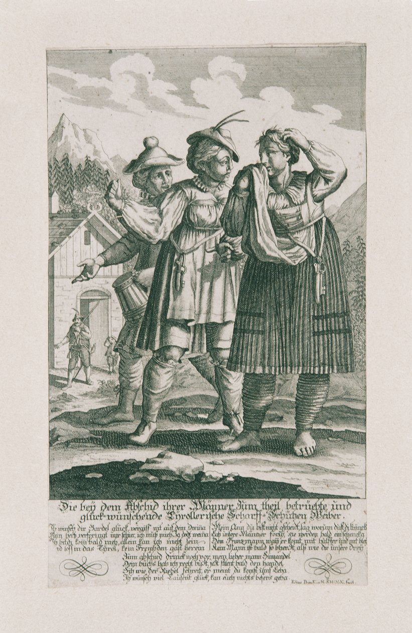 Tirolin puolustus vuodelta 1703: Tyrollerische Scharff-Schützen -naiset tekijältä Elias Baeck