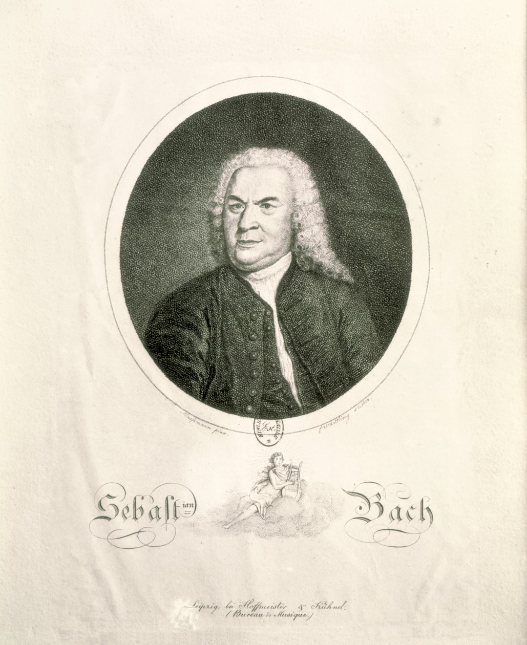 Friedrich Wilhelm Nettlingin kaivertama Johann Sebastian Bachin (1685-1750) muotokuva (kaiverrus) (bw kuva) tekijältä Elias Gottleib Haussmann