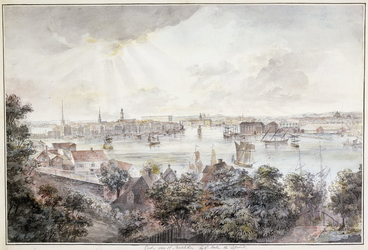 Näkymä Tukholmaan Soderista kuninkaanlinnan, Storkyrkanin, Riddarholmskykanin ja Tskakykanin kanssa, tekijältä Elias Martin