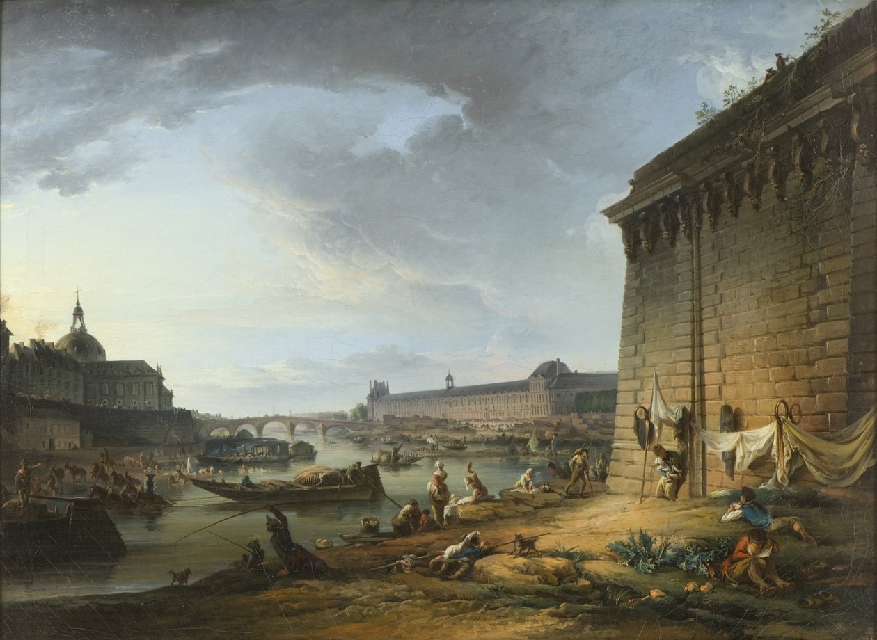 Näkymä Pariisiin Pont Neufin alta sijaitsevalta rantakadulta, 1766-68 tekijältä Elias Martin