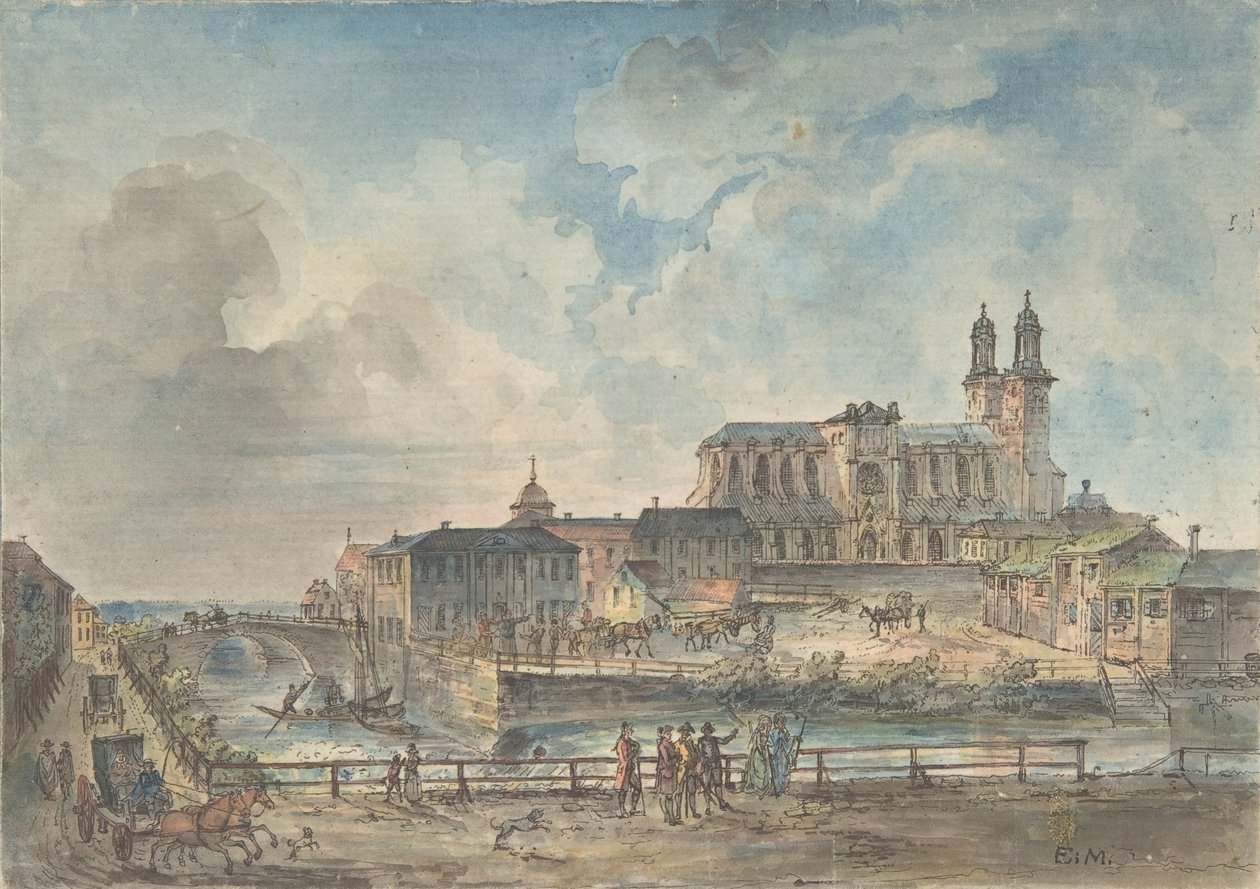 Näkymä Uppsalan tuomiokirkolle pohjoisesta, 1700-1800-luvun alku. tekijältä Elias Martin