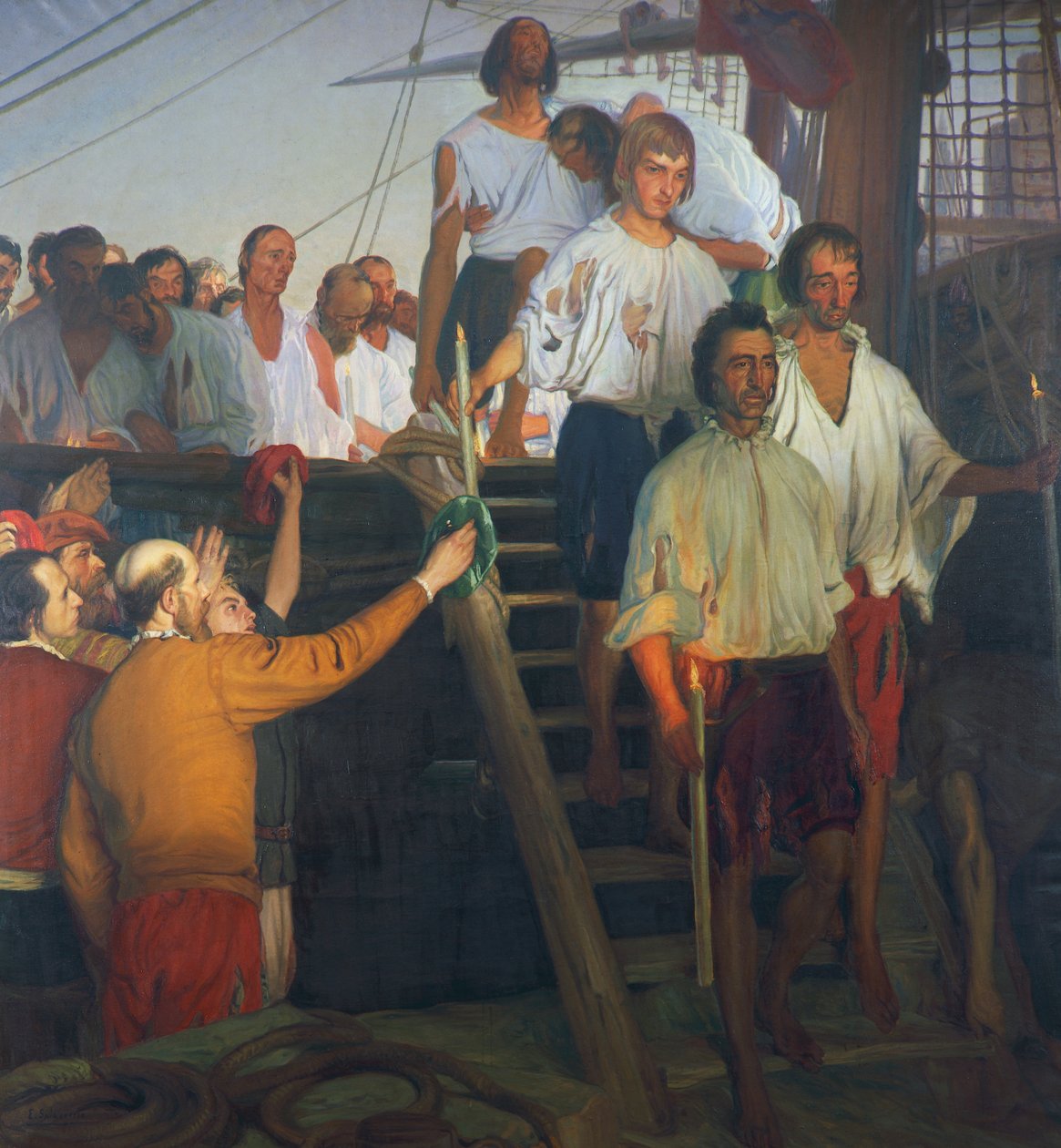 Juan Sebastian Elcano ja hänen miehistönsä, maalaus tekijältä Elias Salaverria Inchaurrandieta