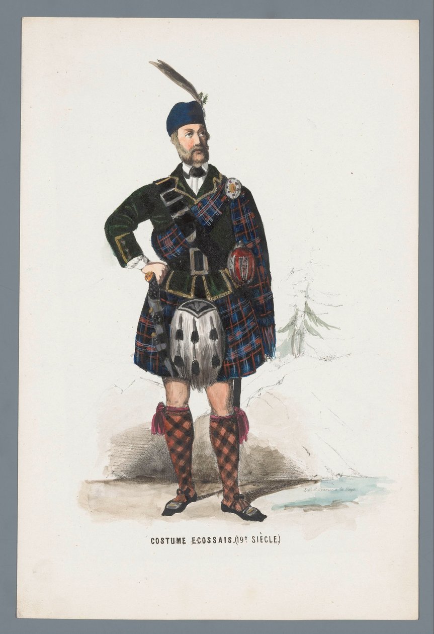 Skotlantilainen puku. (1800-luku.) (otsikko esineessä) tekijältä Elias Spanier