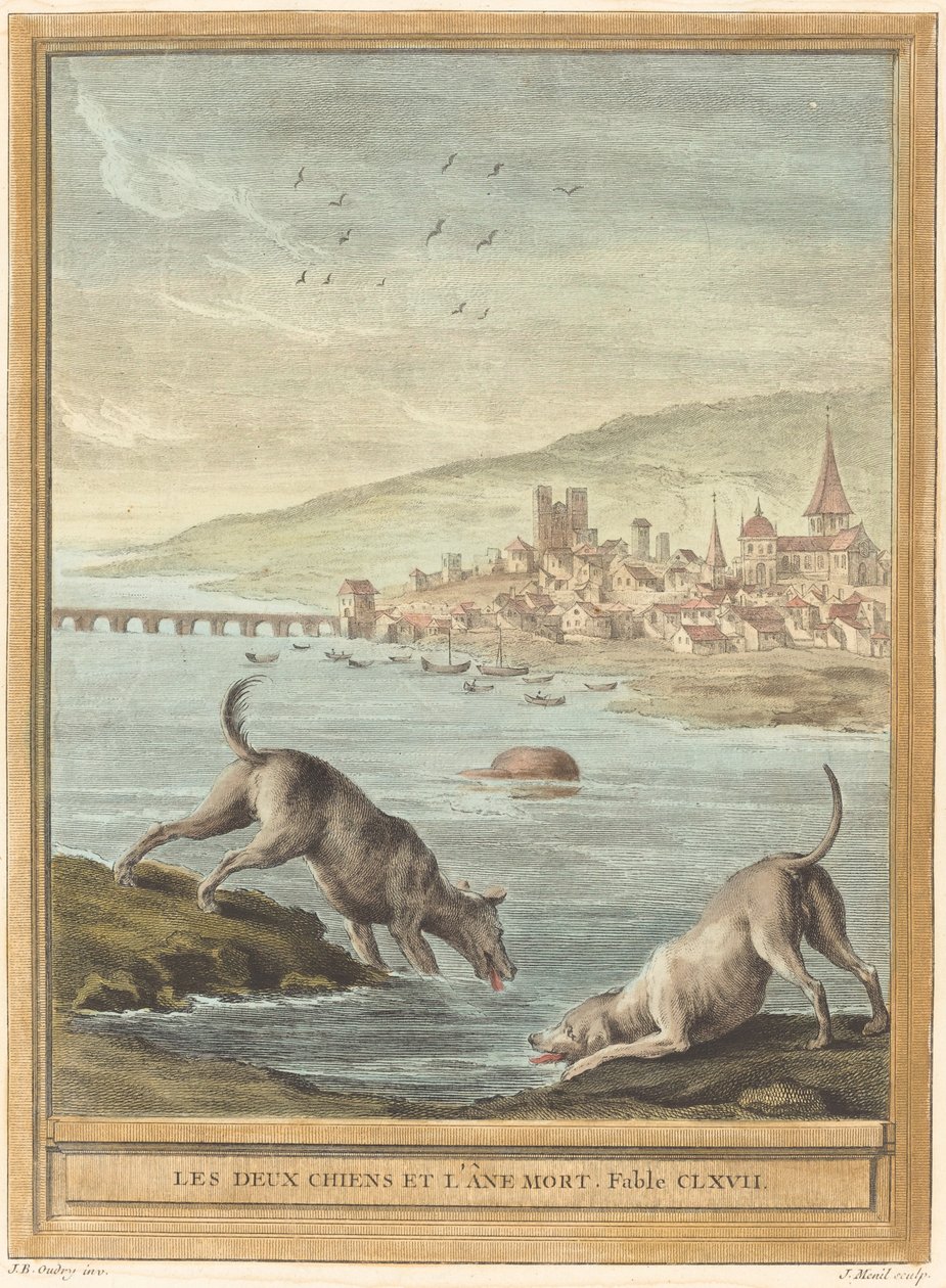 Kaksi koiraa ja kuollut aasi tekijältä Elie du Mesnil after Jean Baptiste Oudry