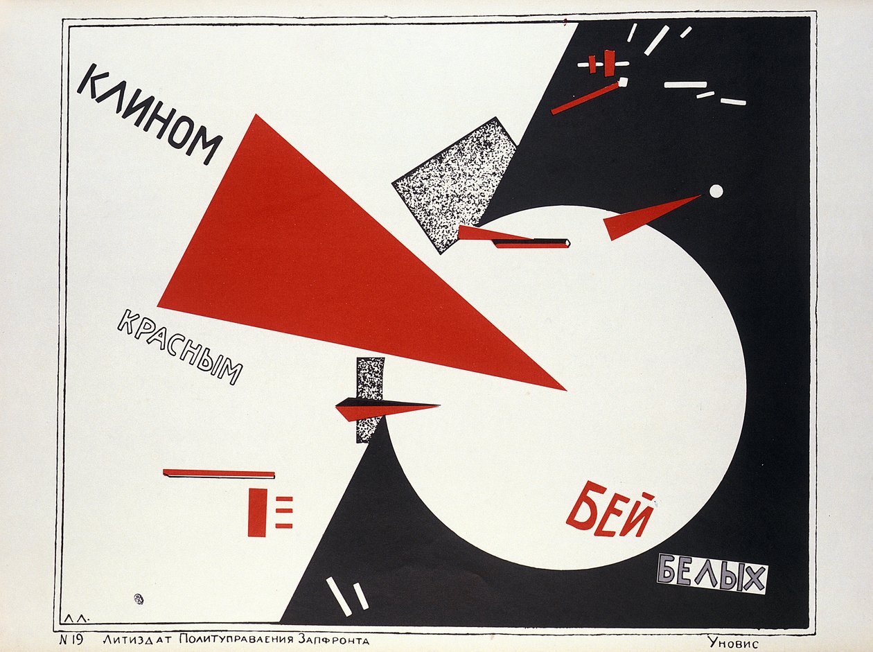 Kun punainen kolmio osuu valkoisiin! , propagandajuliste tekijältä Eliezer Markowich Lissitzky