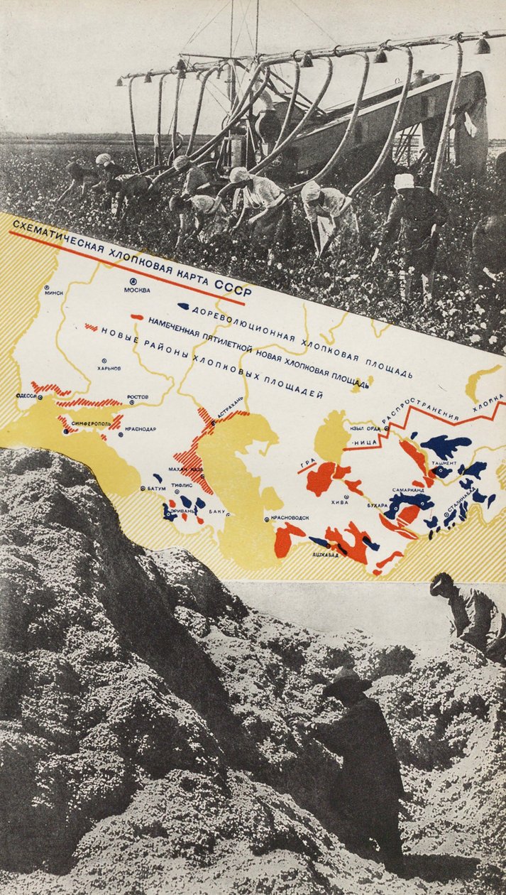 Puuvillan kasvatus. Kuvitus julkaisusta Neuvostoliitto rakentaa sosialismia, 1933. tekijältä Eliezer Markowich Lissitzky