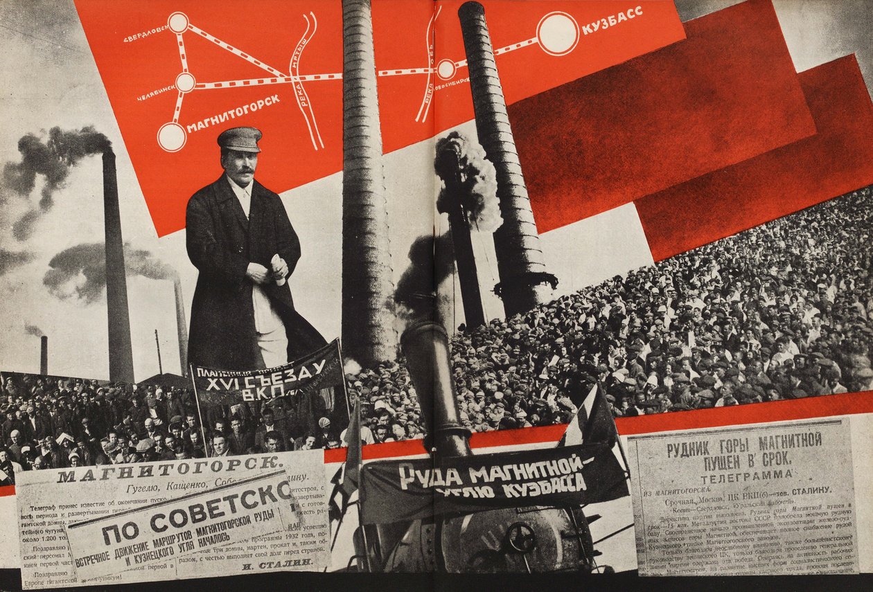 Magnitogorsk - Kuzbass. Kuvitus julkaisusta Neuvostoliitto rakentaa sosialismia, 1933. tekijältä Eliezer Markowich Lissitzky