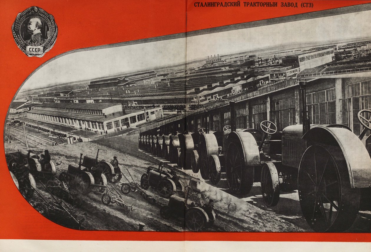 Stalingradin traktoritehdas. Kuvitus julkaisusta Neuvostoliitto rakentaa sosialismia, 1933. tekijältä Eliezer Markowich Lissitzky