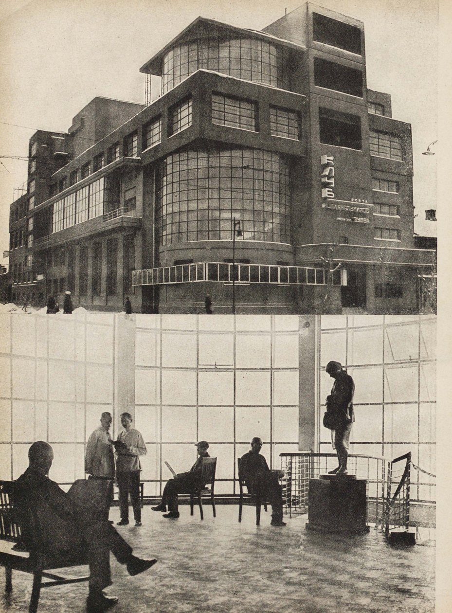 Zuyev Workers Club Moskovassa. Kuvitus julkaisusta Neuvostoliitto rakentaa sosialismia, 1933. tekijältä Eliezer Markowich Lissitzky