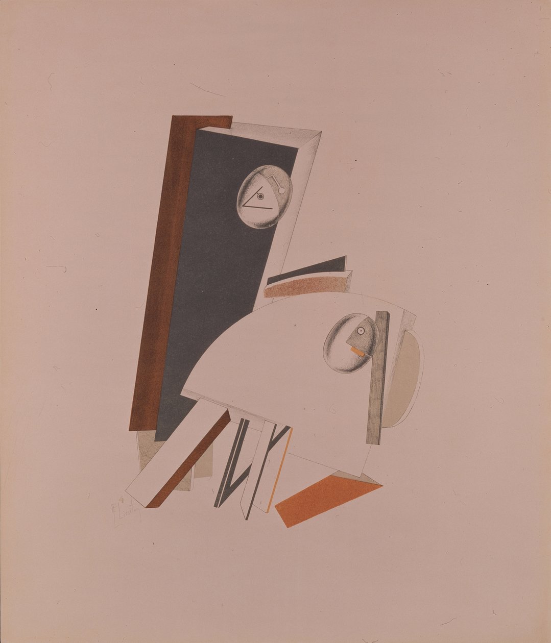 Pelkurit. Figuuri A. Kruchenychin oopperaan Voitto auringon yli, 1920-1921 tekijältä Eliezer Markowich Lissitzky