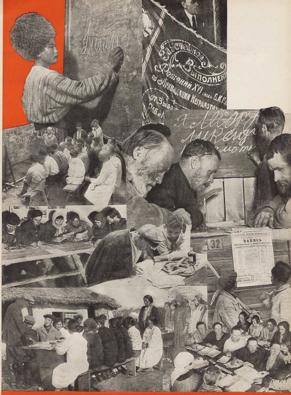 Taistelu lukutaidottomuutta vastaan. Kuvitus julkaisusta Neuvostoliitto rakentaa sosialismia, 1933. tekijältä Eliezer Markowich Lissitzky
