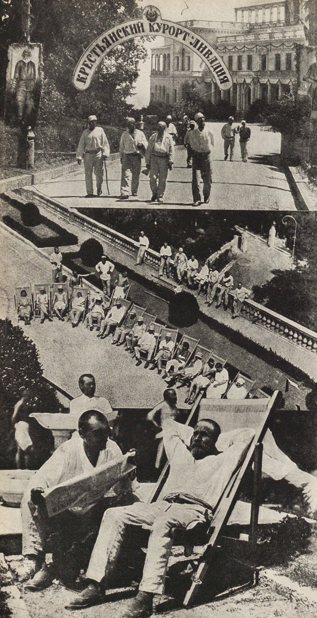 Työntekijöiden terveyteen toipuminen. Kuvitus julkaisusta Neuvostoliitto rakentaa sosialismia, 1933. tekijältä Eliezer Markowich Lissitzky