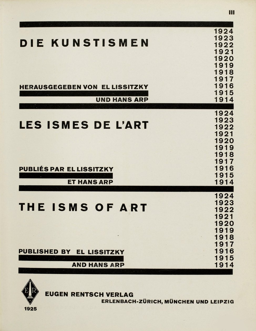 Nimilehti: Taiteet. El Lissitzkyn ja Hans Arpin The Isms of Art, 1925. tekijältä Eliezer Markowich Lissitzky