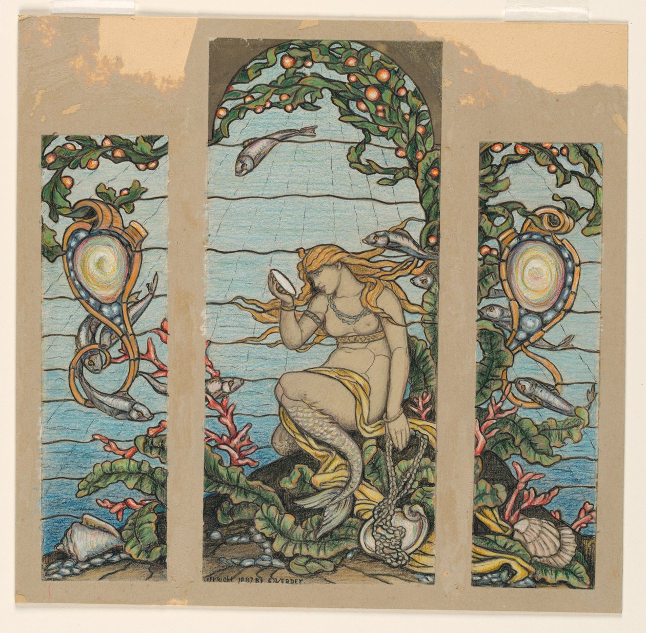 Piirustus, Suunnitelma lasimaalausikkunaa varten, Merenneitoikkuna, A.H. Barneyn residenssiin, New York, NY, 1882. tekijältä Elihu Vedder
