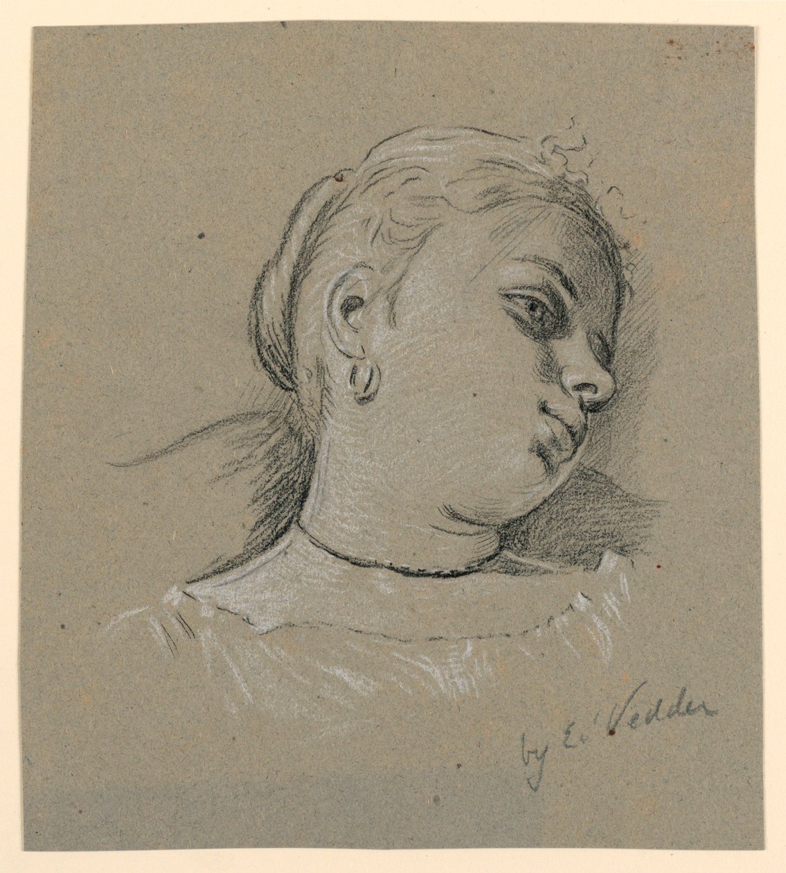 Piirros, Italialaisen tytön pää, n. 1885 tekijältä Elihu Vedder
