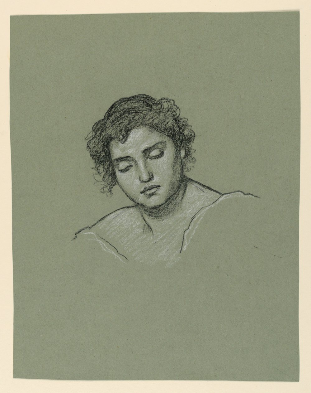 Piirros, naisen pää, n. 1885 tekijältä Elihu Vedder