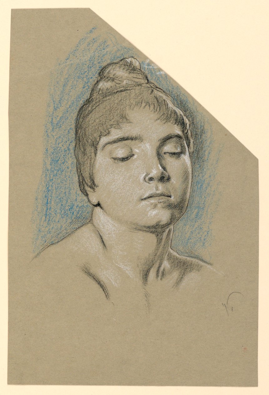 Piirros, muotokuvapiirros nuoresta naisesta, jolla on suljetut silmät, n. 1885. tekijältä Elihu Vedder