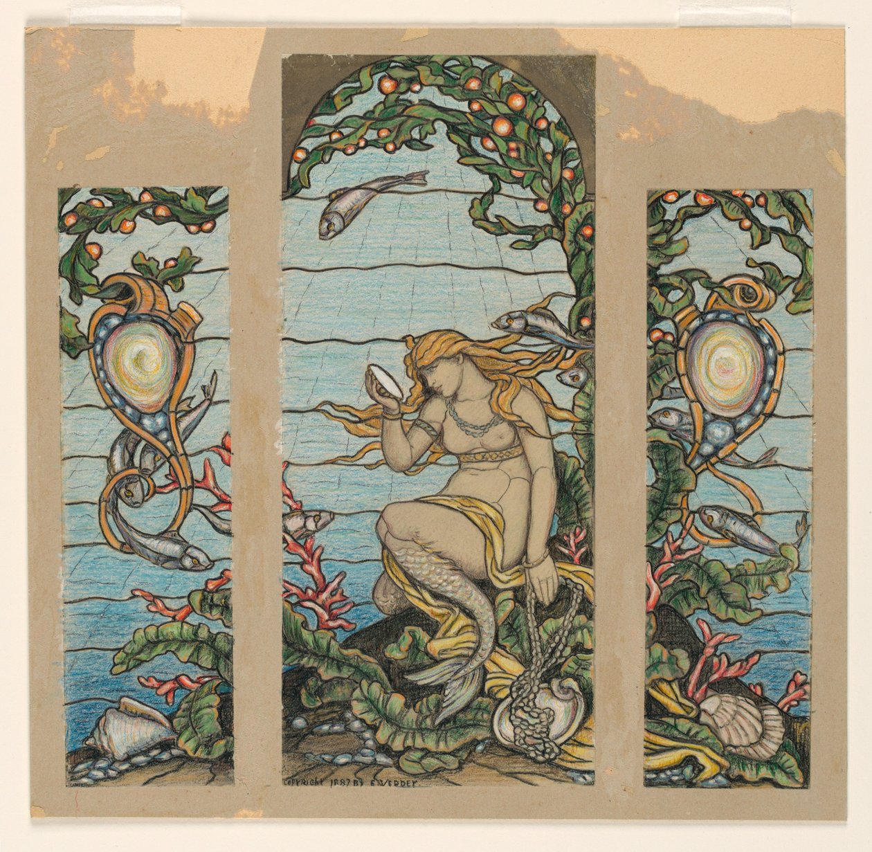 Piirustus, "The Mermaid Window", A.H. Barneyn residenssin lasimaalausikkunan suunnittelu, New York, NY, 1882. tekijältä Elihu Vedder
