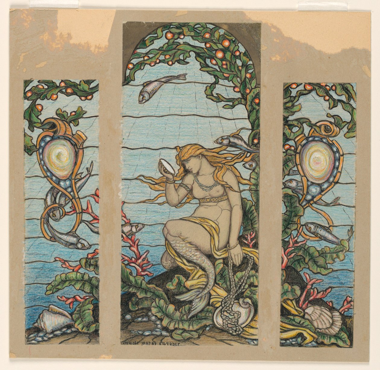 Piirustus, "The Mermaid Window", A.H. Barneyn residenssin lasimaalausikkunan suunnittelu, New York, NY, 1882. tekijältä Elihu Vedder