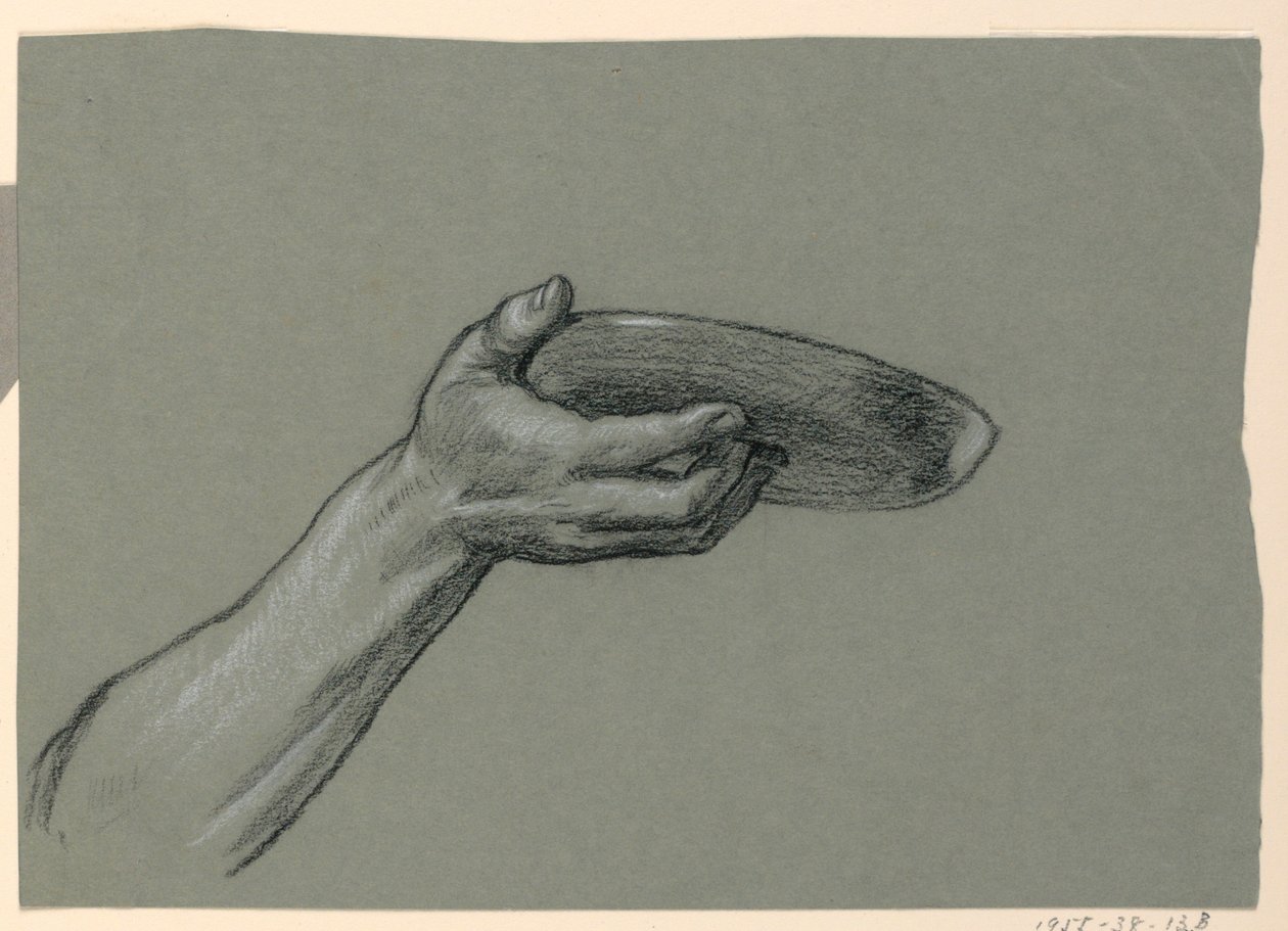 Piirros, yksityiskohta kyynärvarresta ja kädestä, jossa on pyöreä esine, n. 1885. tekijältä Elihu Vedder