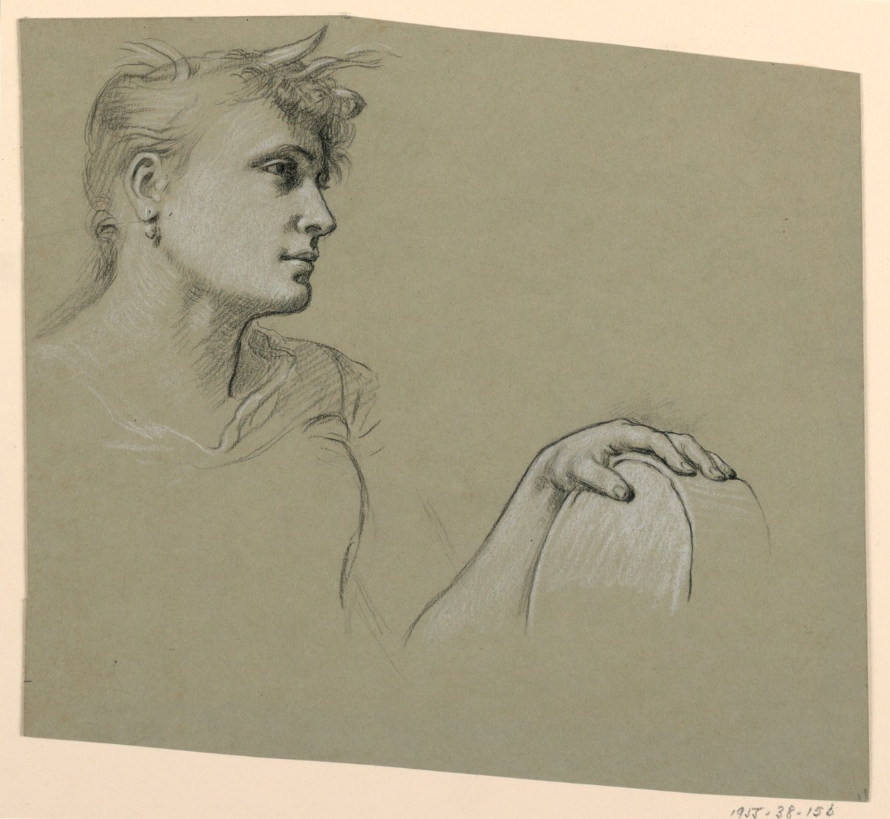 Piirros, naisen profiili ja vasemman käden tutkimus, n. 1885. tekijältä Elihu Vedder