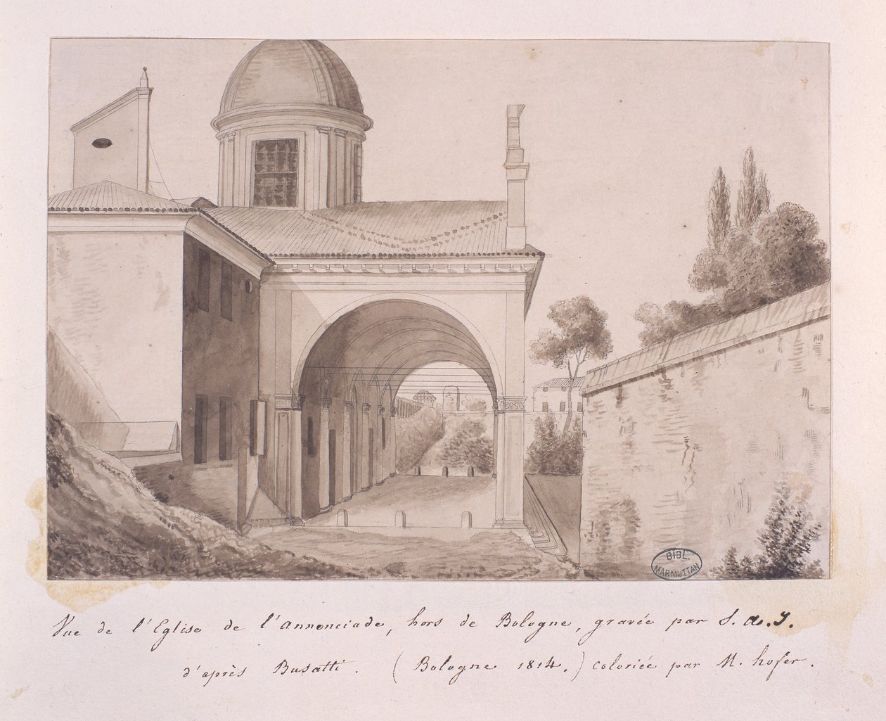 Näkymä Bolognan Marian ilmestyksen kirkolle Busatin jälkeen, 1814 tekijältä Elisa Bonaparte