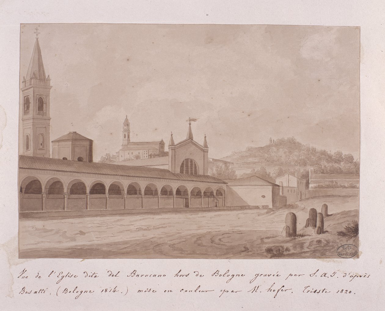 Näkymä Baracanon kirkolle, Bologna, Basattin jälkeen, 1814 (paperilla wc:llä tehostettu kaiverrus) tekijältä Elisa Bonaparte