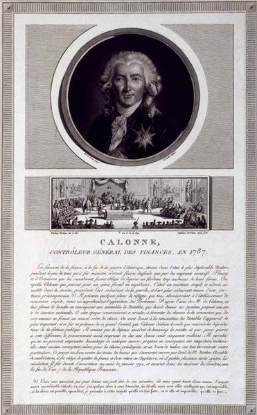 Calonne, taloushallinnon päällikkö, vuonna 1787, Charles Levachezin (fl.1760-1820) kaivertama muotokuva, jossa on kohtaus Jean Duplessis-Bertaux