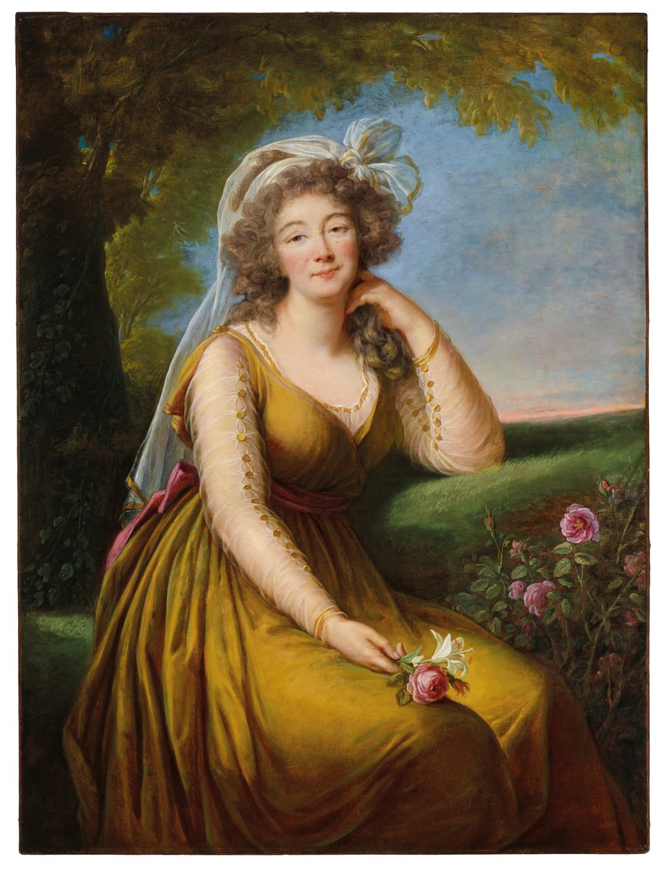 Madame du Barryn (1743-1793) muotokuva, kolmevartalopituinen, istuu maisemassa, noin 1775-93 (öljy kankaalle). tekijältä Elisabeth Louise Vigee Lebrun