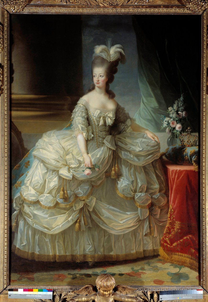 Lorraine Habsburg Ranskan kuningattaren (1755-1793) muotokuva Marie Antoinettesta jalassa suuressa hovipuvussa, ruusu kädessä Marie Elisabeth Louise Vigee Le brunin (tai Vigee-Lebrunin tai Vigee Lebrunin) maalaus (1755-1842) 1700-luku Aurinko. 2,23 x 1,58  tekijältä Elisabeth Louise Vigee Lebrun