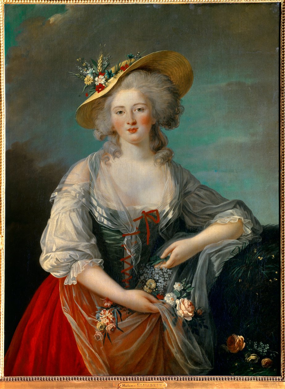 Muotokuva Elisabeth Filippiiniläisestä Marie Helenestä Ranskasta, joka tunnetaan nimellä Madame Elisabeth (1764-1794), Ludvig XVI:n sisar, joka oli edustettuna vuonna 1782, maalaispuvussa kukkia esittelevässä maalaus Marie Elisabeth Louise Vigee Le brun (t tekijältä Elisabeth Louise Vigee Lebrun
