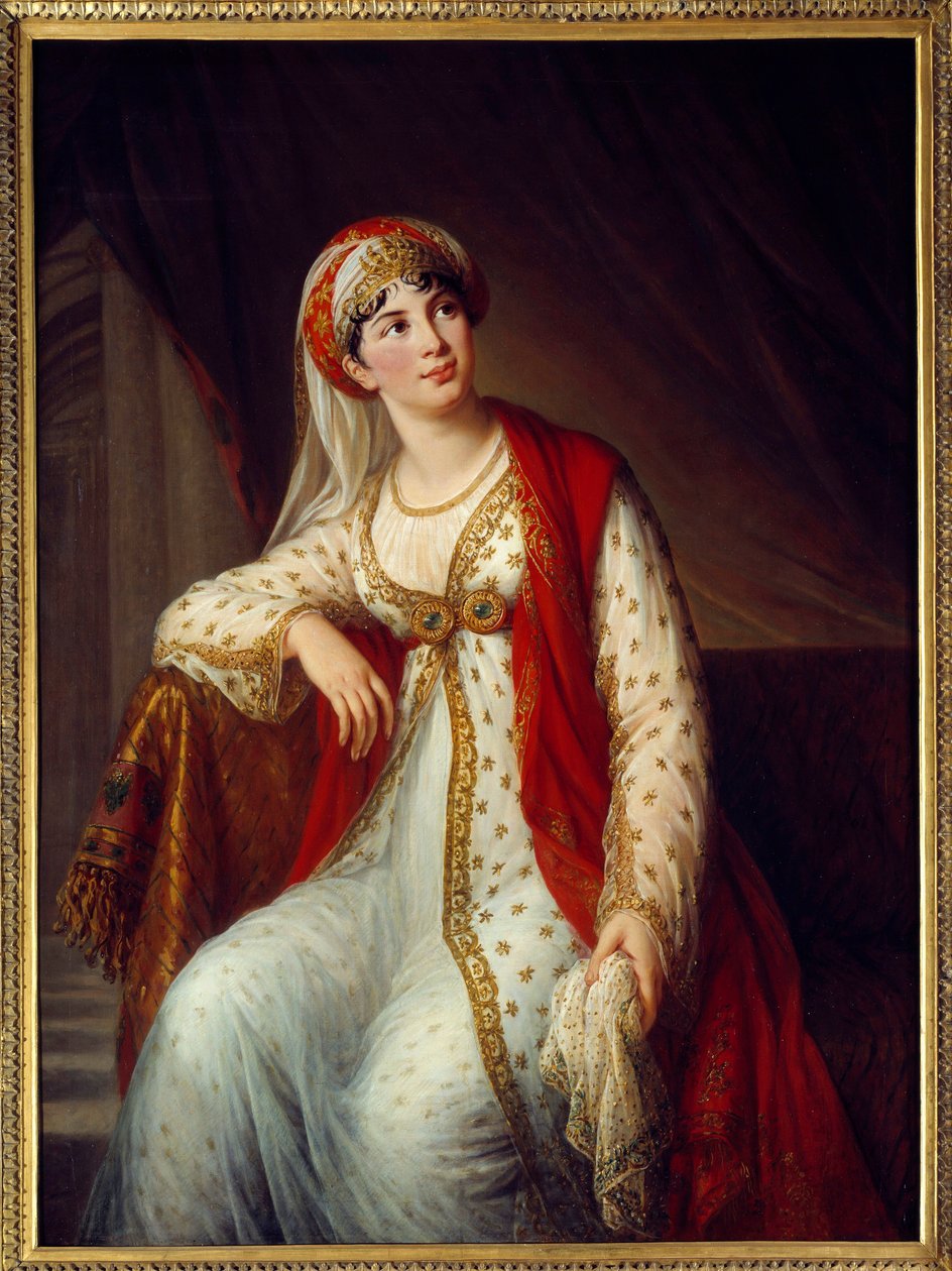 Muotokuva italialaislaulaja Giuseppina Grassinista (1773-1850) Zairen roolissa Voltairen samannimisessä näytelmässä (1694-1746) Hän oli Napoleon Bonaparten ja Wellingtonin herttuan rakastajatar. Marie Elisabeth Louise Vigeen maalaus Le brun (ou Vige tekijältä Elisabeth Louise Vigee Lebrun
