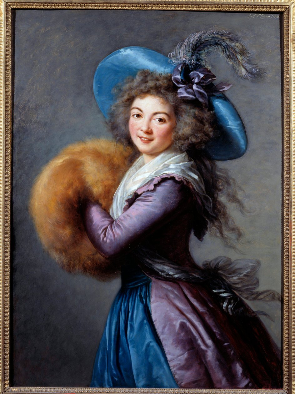 Muotokuva Madame Mole Reymondista (1759-1833), italialaisen komedian näyttelijästä Hänellä on päällään höyhenhattu ja hihat. Marie Elisabeth Louise Vigee Le brunin maalaus (ou Vigee-Lebrun tai Vigee Lebrun) (1755-1842) 1786 su. 1,04x0,76 m - muotokuva o tekijältä Elisabeth Louise Vigee Lebrun